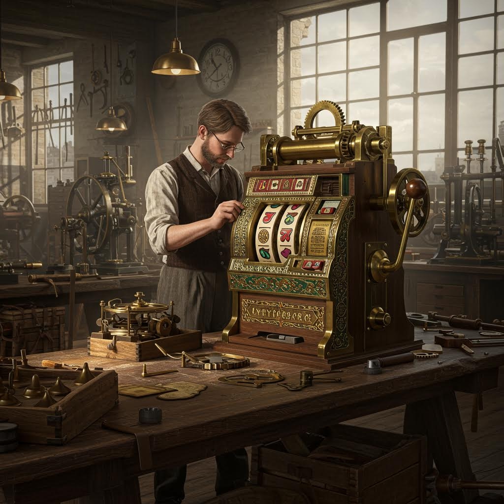 빛이 들어오는 작업실 한가운데에서 남성이 복잡한 금속 장치를 세밀하게 조정하며 주변 테이블에는 각종 부품과 도구가 정돈된 채 놓여 있어 오래된 기계 제작 과정의 집중된 분위기가 흐르는 모습