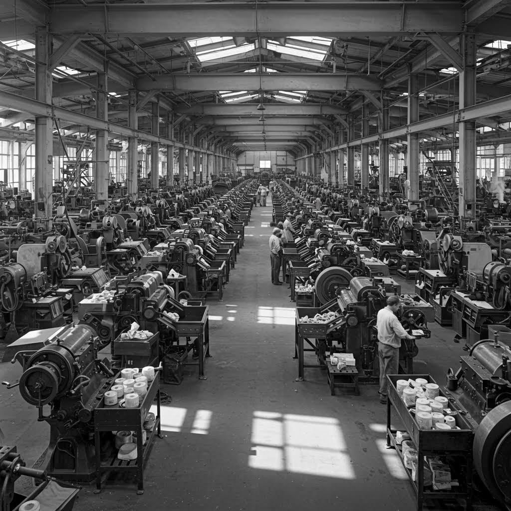 넓고 긴 공장 내부에 수많은 기계가 촘촘하게 줄지어 배치되어 있고 작업복을 입은 사람들이 각 장비를 점검하며 움직임을 이어가는 가운데 높은 천창으로 들어온 빛이 바닥에 비쳐 산업 작업의 반복적 구조가 선명하게 드러나는 모습