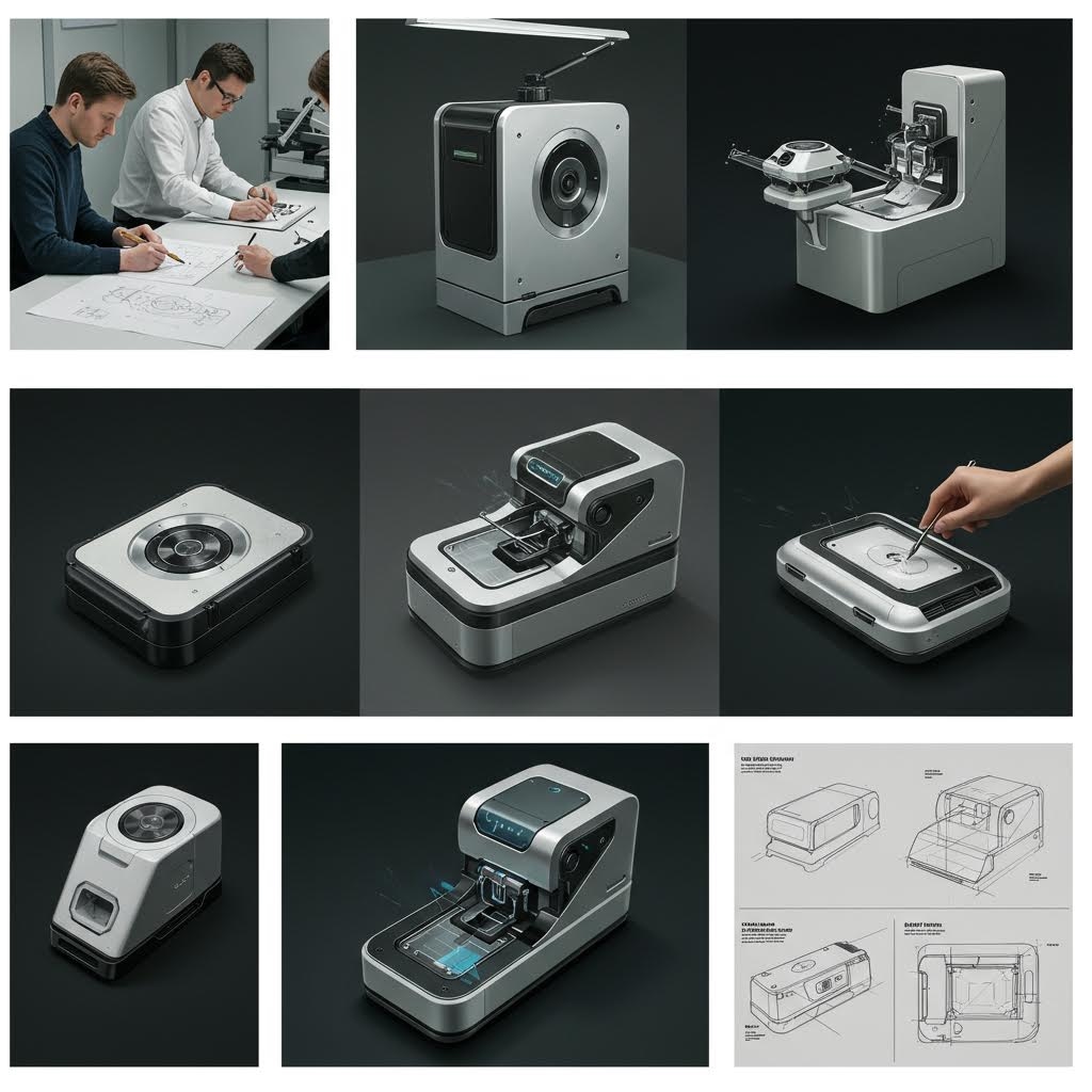 다양한 각도에서 촬영된 금속성 장치와 이를 설계하는 사람들의 모습이 한 화면에 배열되어 있으며 디테일한 스케치와 실제 장비의 형태가 함께 제시되어 기술 개발 과정의 구조적 흐름이 단계적으로 드러나는 구성