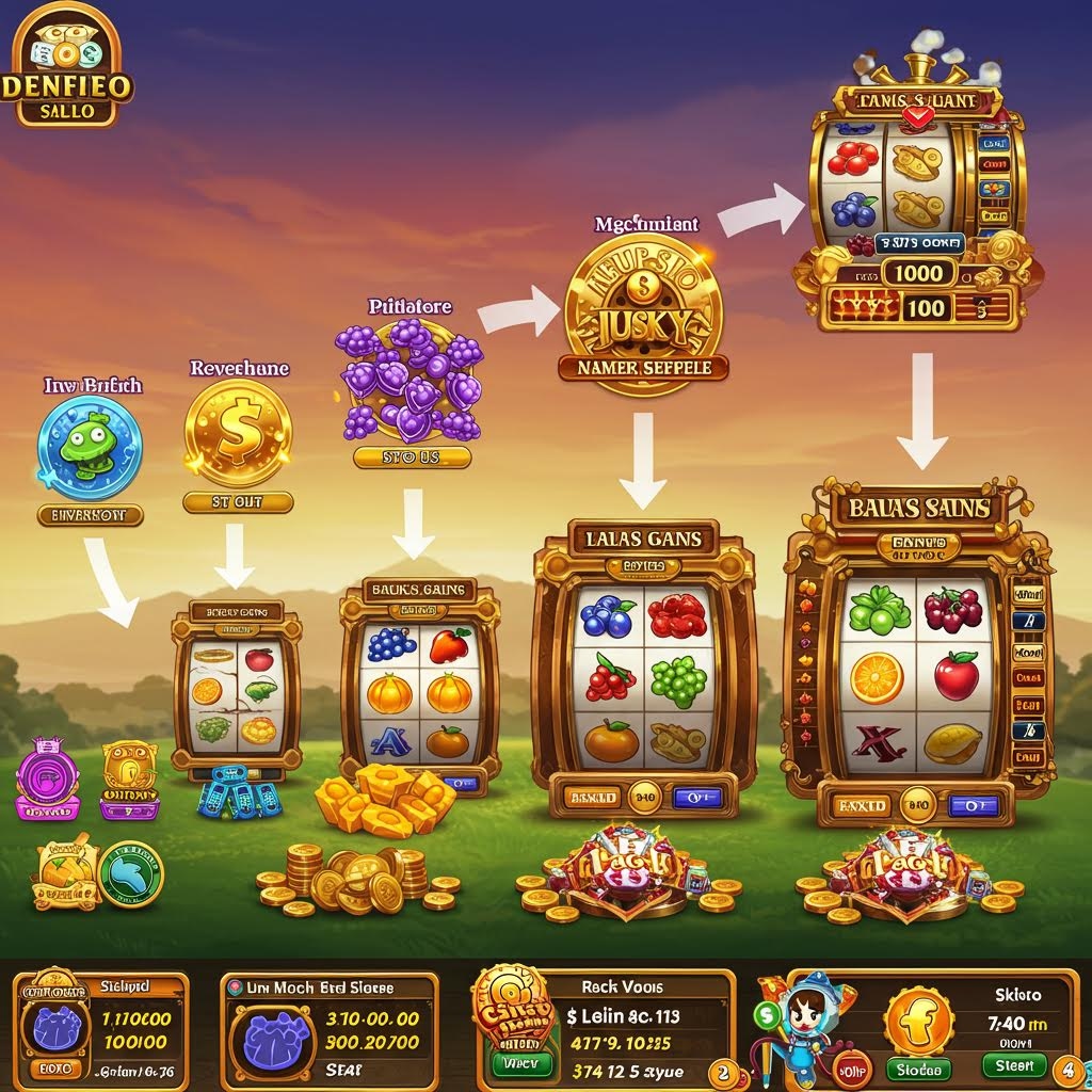 화면 상단의 장식적 인터페이스에서 여러 아이콘과 화살표가 아래쪽 장치들로 이어지며 과일 그림이 담긴 세 개의 회전 패널과 다양한 보상 요소가 단계형 구조로 배치되어 전체 흐름이 게임 보드처럼 전개되는 모습