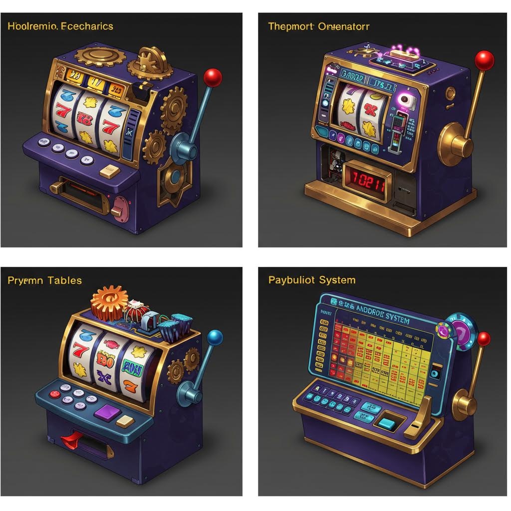 네 가지 장치가 각각 다른 형태의 회전 패널과 조작 레버, 상단 기어 장식을 갖춘 채 정면에 배치되어 있으며 각 기기가 서로 다른 화면 구성과 버튼 배열을 보여주어 특유의 구조적 차이가 시각적으로 드러나는 모습