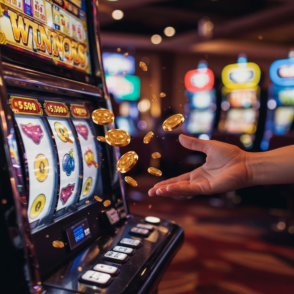 한쪽에서 회전 패널이 멈춘 기기 옆으로 손이 뻗어 있고 공중에는 여러 개의 금빛 메달이 흩어지며 밝은 실내 조명과 배경 기기들의 흐릿한 빛이 함께 어우러진 순간