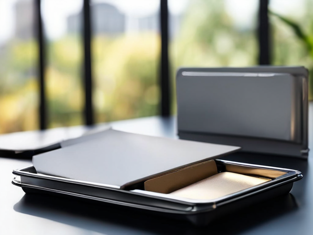 Brushed metal tray holding blank white divider cards, organized in morning light.