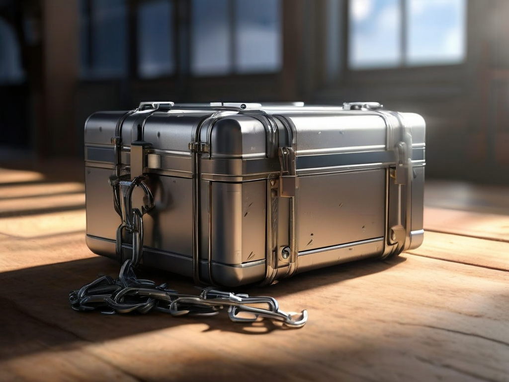 A sealed metal storage case with a short chain and small blank blocks on a brushed metal surface, symbolizing restricted file...