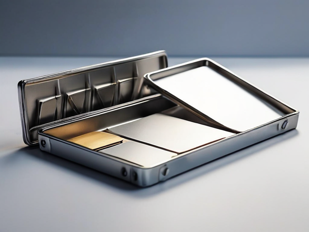 Brushed metal tray with blank divider cards and compact storage slot, organized saved references concept.