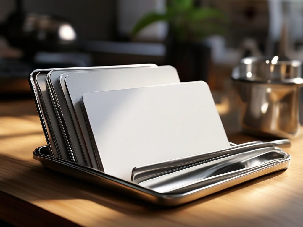 Brushed metal tray holding blank divider cards beside a compact storage box, morning light casting shadows, organized digital...