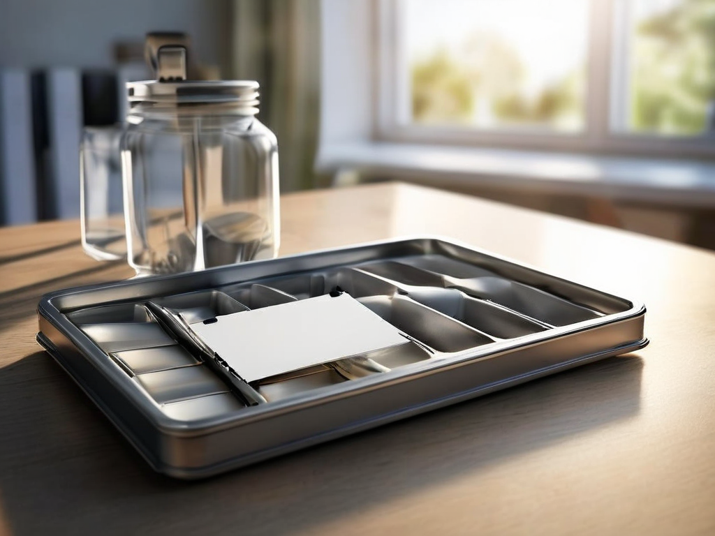 Blank divider cards with date stamps and a compact storage tray on a brushed metal surface, organized reference files.