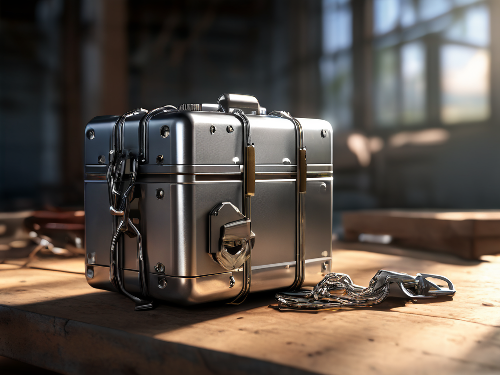 A sealed metal case with a short chain sits on a brushed surface, beside small blocks representing file locations, in angled...
